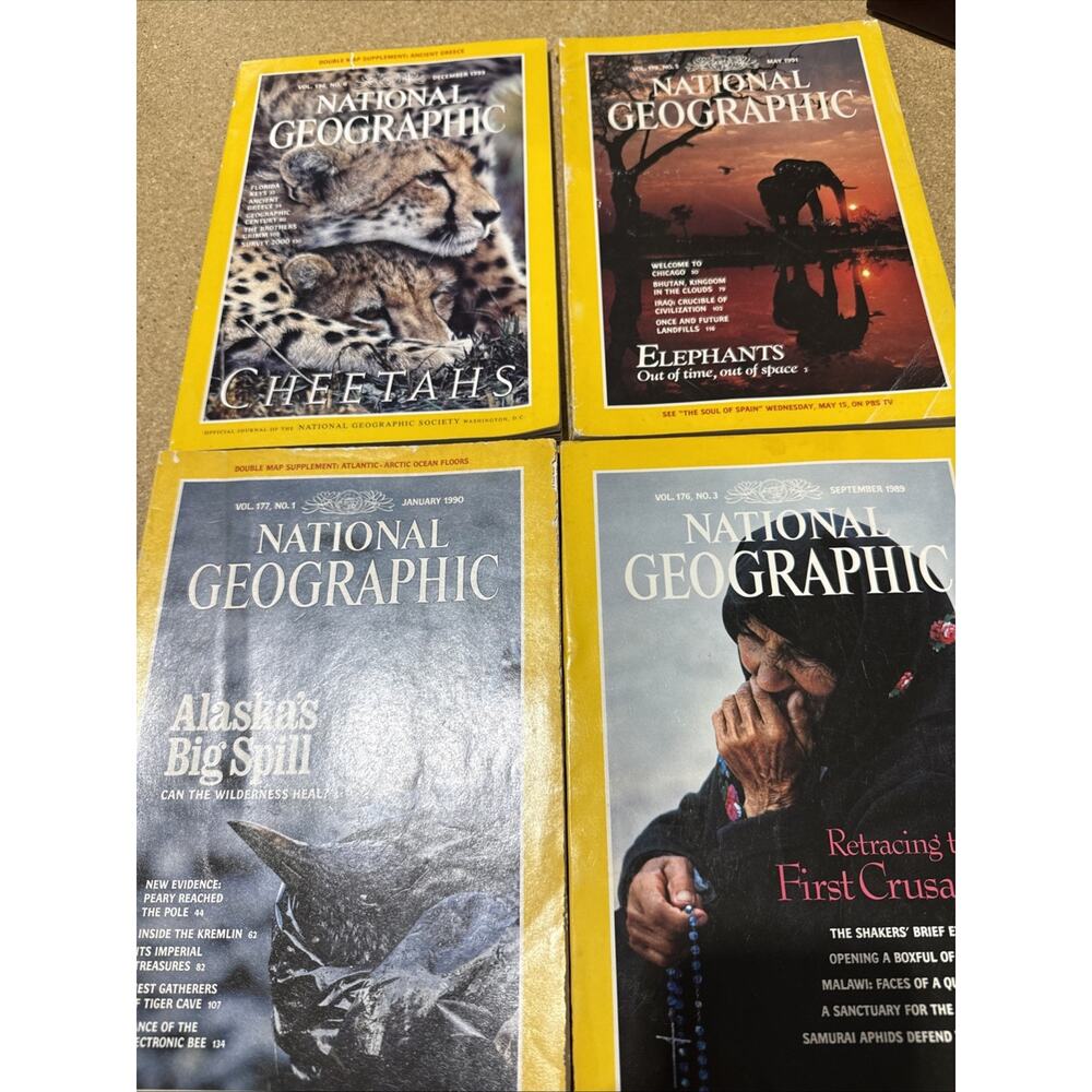 National Geographic Magazine Lot 4 Vintage 1990s Elephants Cheetahs Alaska